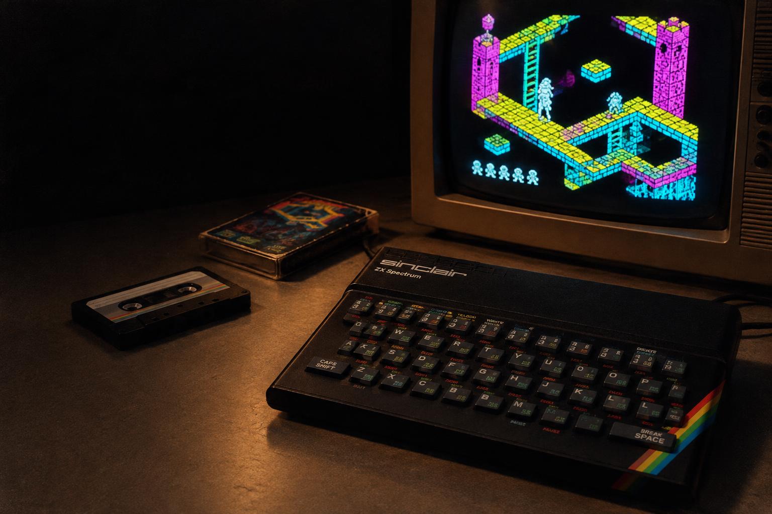 Sinclair ZX Spectrum and a CRT displaying an 8-bit adventure